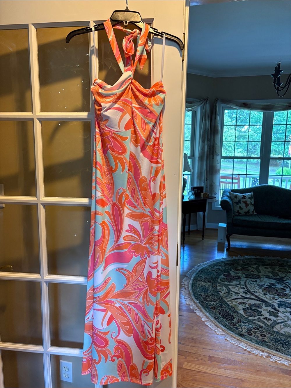 Boston Proper Pink and Orange Floral Halter Maxi Dress